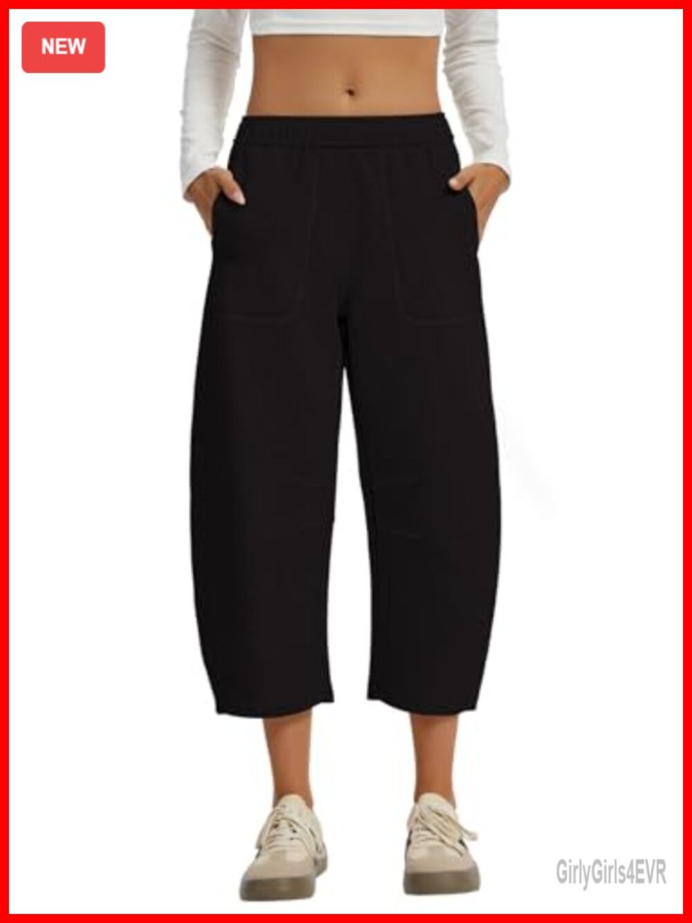 Barrel Leg Cropped Sweatpants Wide Leg Capri Drawstring Pockets Cotton Blend